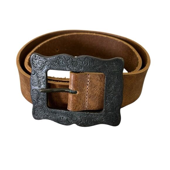 Harold’s Scroll Etched Square Metal Buckle Brown Leather Belt Sz S Western main image 7